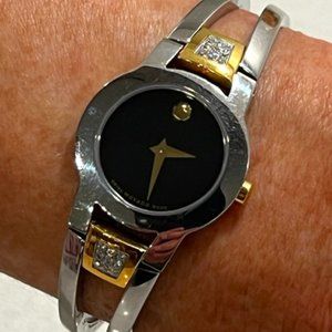 Movado Amorosa Diamond Two Tone Black Dial Round Bangle Watch